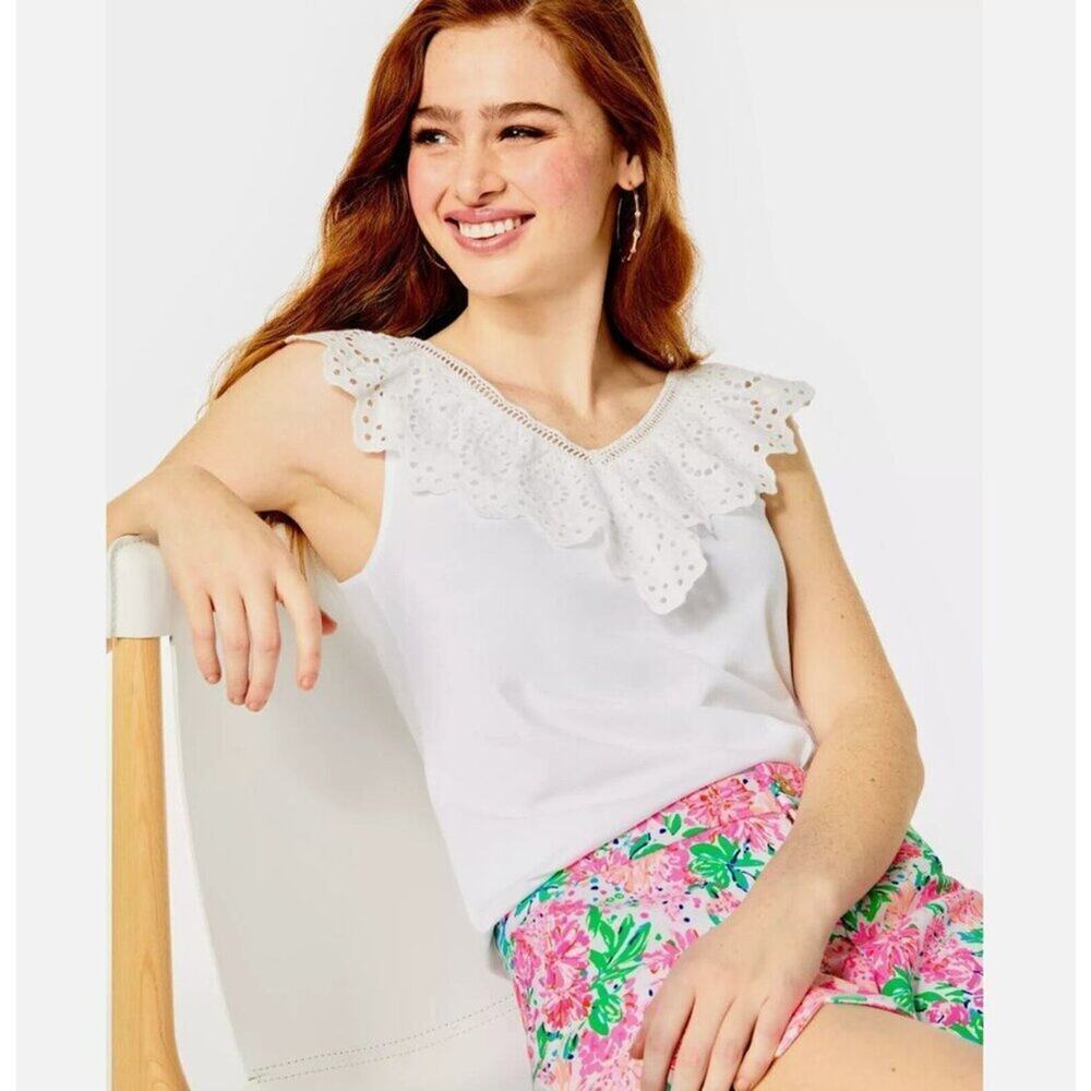 Lilly Pulitzer Plaza Blouse Top Women's Size Medium Eyelet Embroidered Ruffle Co